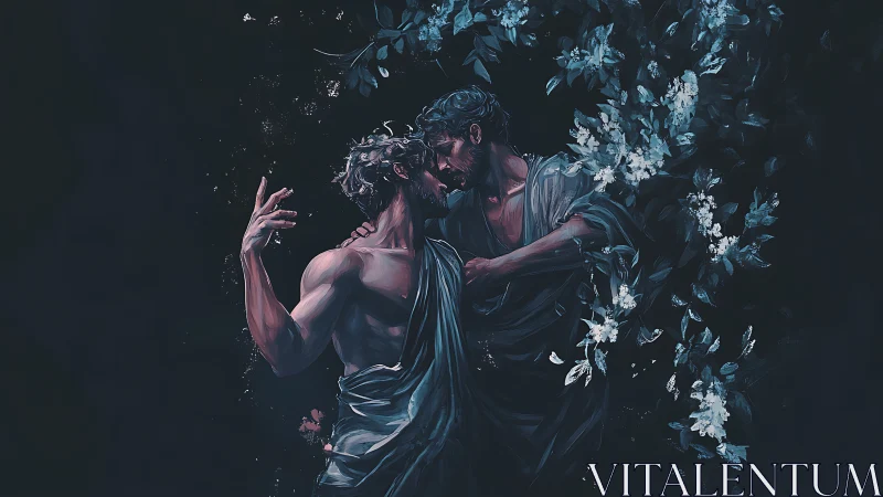 Intimate embrace of two men in dark floral setting.
