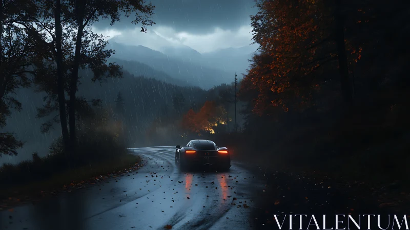 Sleek sports car gliding through a rainy mountain evening.
