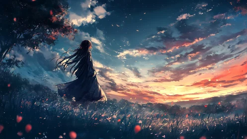 Girl in a twilight field under a glowing painted sky.