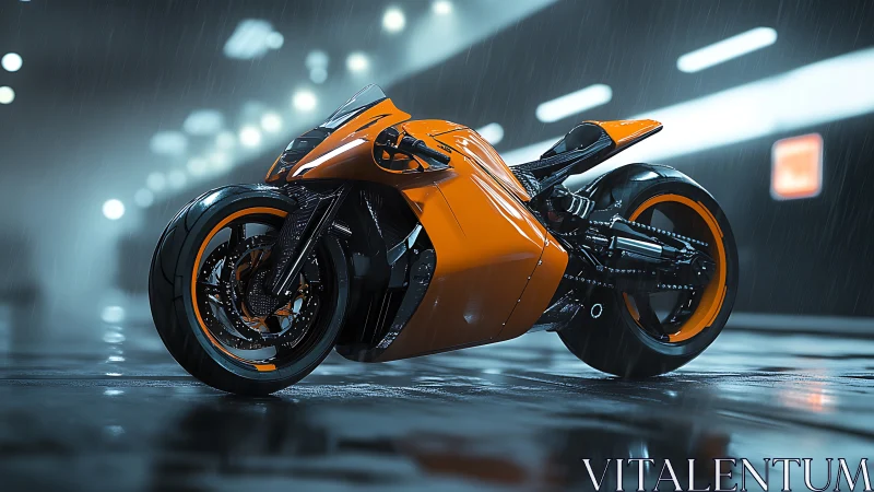 Low-slung orange cyberpunk superbike in wet tunnel environment