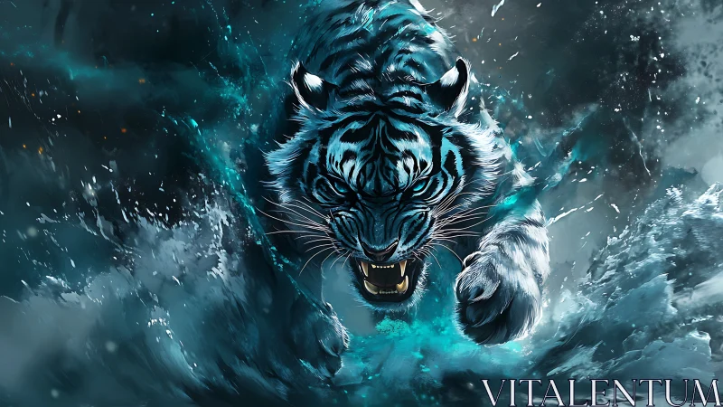 Roaring ice-blue tiger surges through stormy swirling water