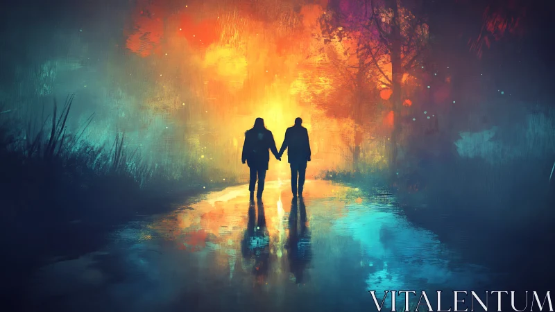 Backlit couple on wet path framed by high-contrast bokeh forest glow