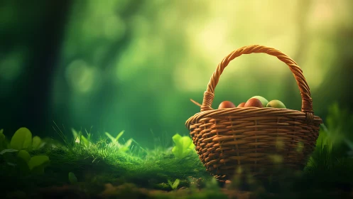 Woven wicker basket holds colorful eggs in sunlit forest