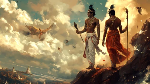 Epic warriors on cliff watch divine bird over vast realm.