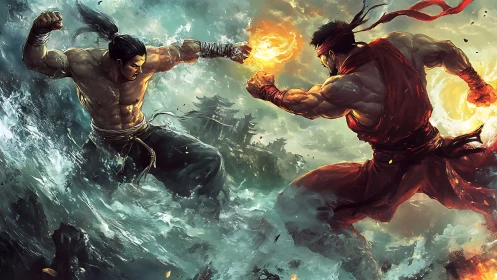 Elemental warriors clash above storm-tossed ocean waves.