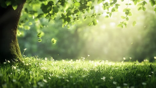 Sunlit Tree and Lush Green Meadow in Soft Focus Nature Scene.