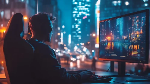 Gamer immerses in neon-lit cityscape on ultrawide monitor.