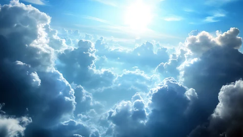 Volumetric cumulus clouds frame an intense zenithal sunlight