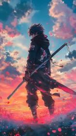 Anime samurai silhouette against luminous sunset skyscape.