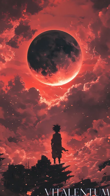 Lone sky-wanderer beneath the burning eclipse horizon.