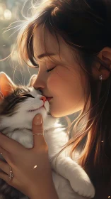 Whispered Affection: Golden Hour Embrace Between Girl and Cat