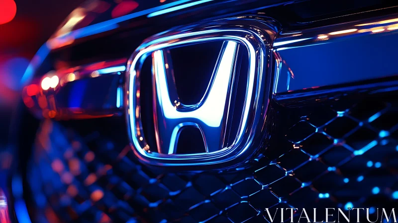 Honda grille emblem under vivid blue neon lighting.