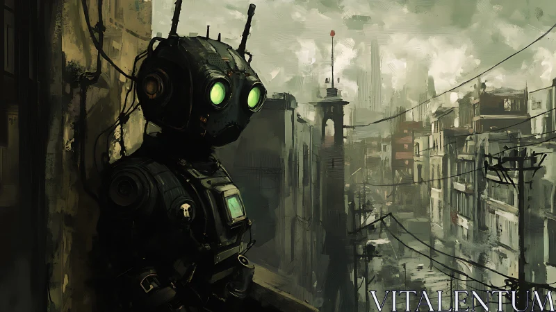 Humanoid robot overlooking decayed urban streetscape.