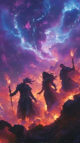 Mystic fire mages rise beneath a storm-split cosmic sky.