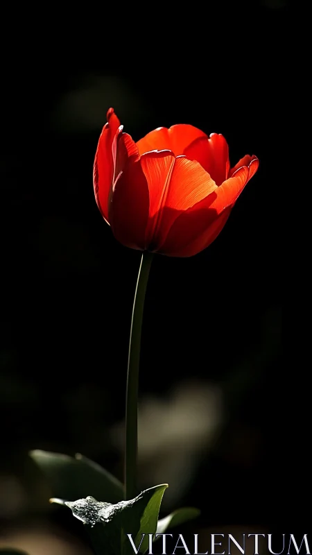 Red tulip portrait under dramatic low-key sunlight.
