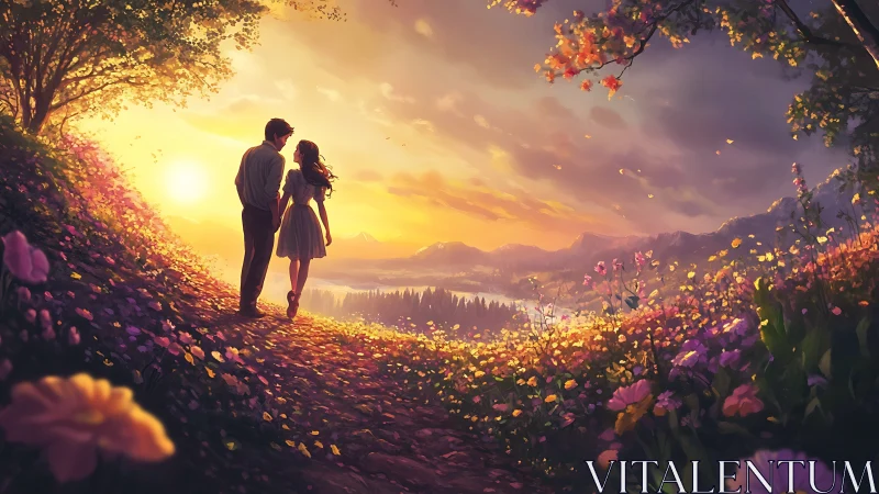 Couple at Sunset Among Flowering Hillside.
