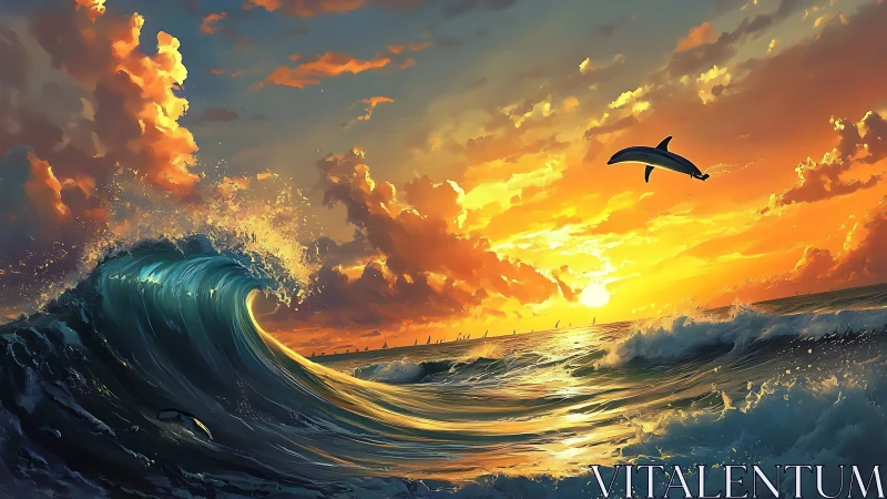 Dolphin leaps above glowing ocean waves at sunset.