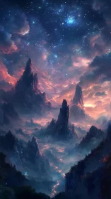 Starlit sky over jagged peaks and mist-filled valley landscape.