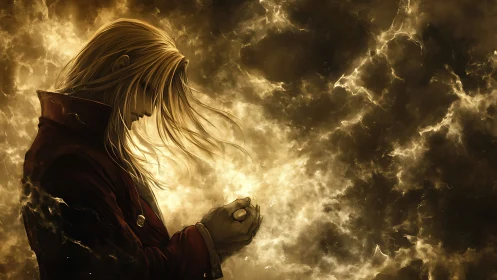 Side view of long-haired figure before glowing turbulent sky.