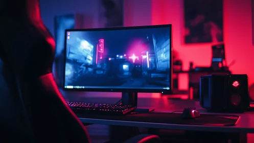 Curved gaming monitor glows within neon-lit desktop setup