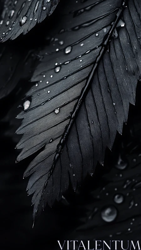 Dark fern leaf holds scattered water droplets in close-up