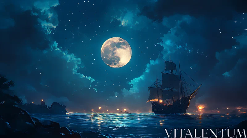 Moonlit galleon crosses glowing sea under stormy sky.