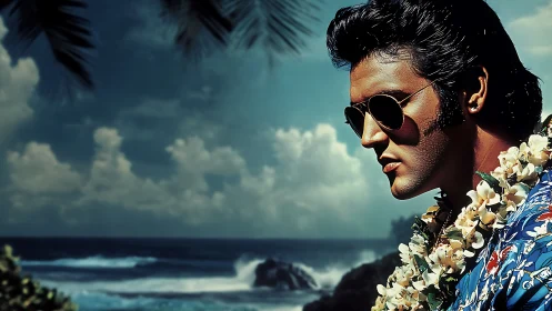 Photorealistic tropical portrait with retro rock aesthetic.