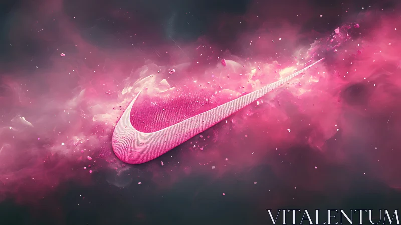 Neon pink swoosh emblem in vaporous cosmic particle cloud