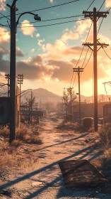 Sunlit wasteland road under power lines at golden hour.