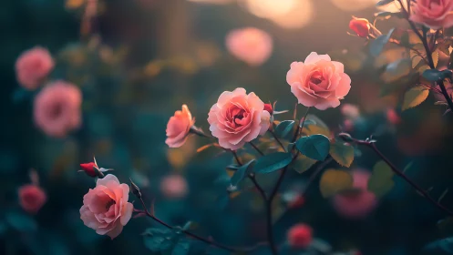 Soft-focus rose garden with bokeh ambient lighting and cinematic depth of field.