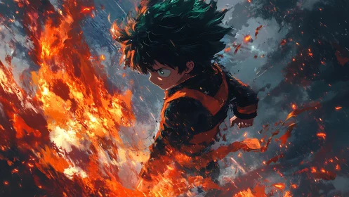 Determined anime hero charges through swirling firestorm.