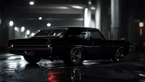 Nocturnal muscle coupe under wet urban specular lighting matrix.