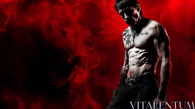 Muscular tattooed figure emerges from red smoke in low key lighting