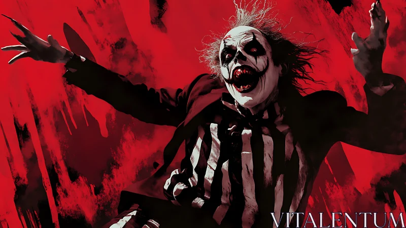 Figure in striped suit extends arms before red painted field