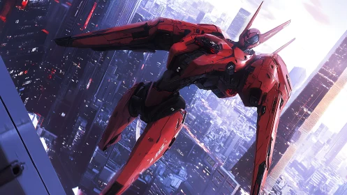 Red assault mecha hovers above neon futuristic megacity.