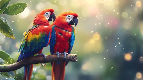 Vibrant Scarlet Macaws on Branch in Sunlit Nature, Photorealistic Style.
