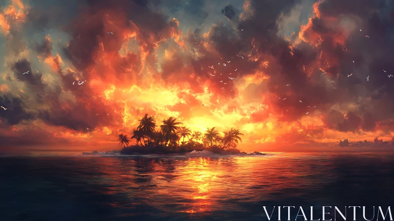 Tropical Island Silhouetted Against Intensive Solar Flare Sky