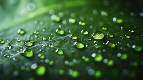 Glistening water droplets rest on a lush green leaf surface.