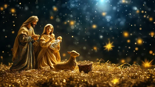 Nativity figurine set in straw with illuminated night backdrop.