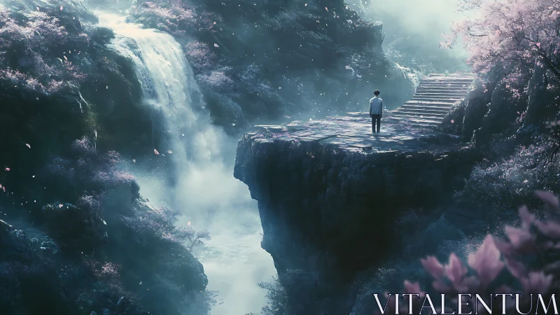 Solitary figure on misty cliff beside ethereal waterfall.