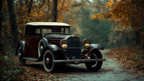 Vintage coupe stands on forest road amid autumn foliage
