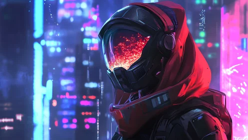 Hooded armored figure with reflective visor in neon cityscape.