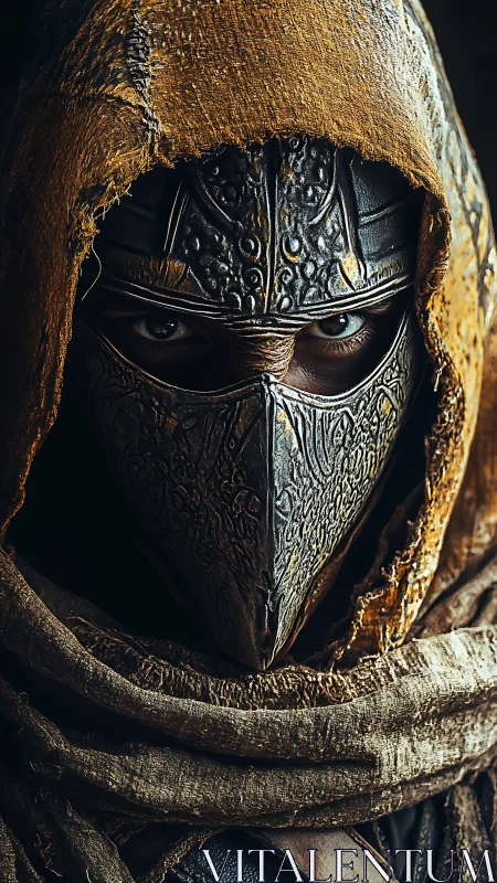 Hooded crow‑masked warrior glowers through burnished bronze.