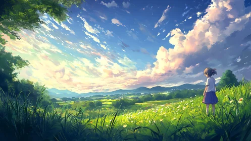 Girl standing in sunlit meadow under expansive sky landscape.