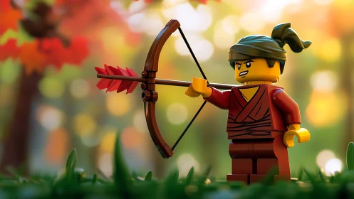 Toy archer minifigure with bow in soft forest setting.