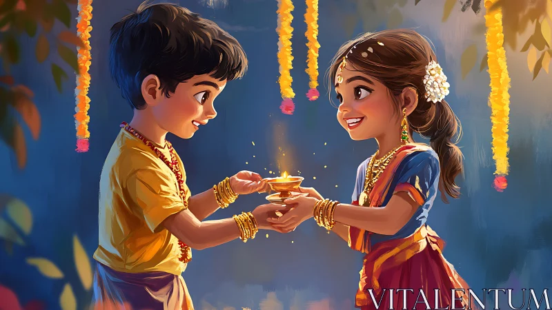 Children exchange glowing lamp during festive Diwali celebration