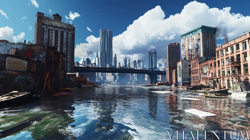 Decayed riverfront cityscape contrasts reflective water and steel span