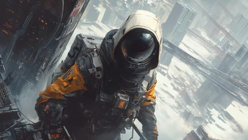 Solitary space engineer surveys a sprawling orbital cityscape