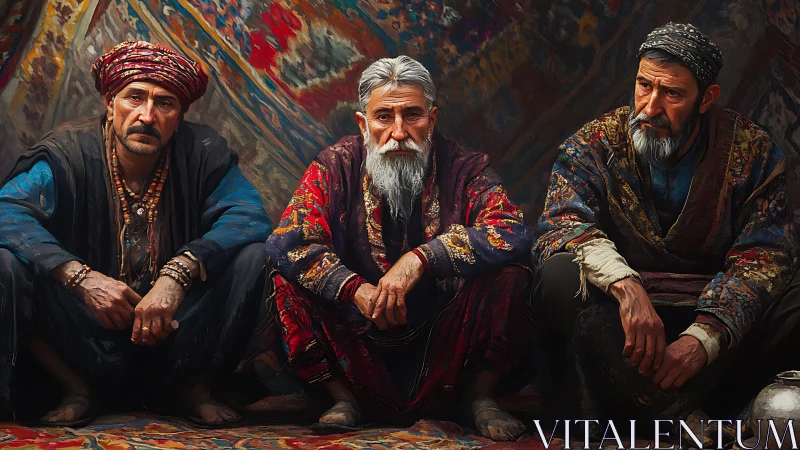 Digital painting portrait of elders in ornate textile setting.