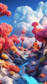 Cotton candy forest drifts around a glowing turquoise river